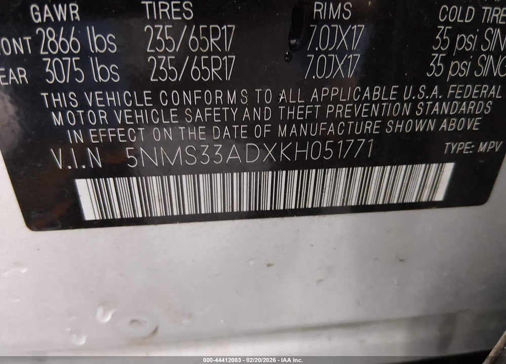 2019 HYUNDAI SANTA FE SEL VIN: 5NMS33ADXKH051771