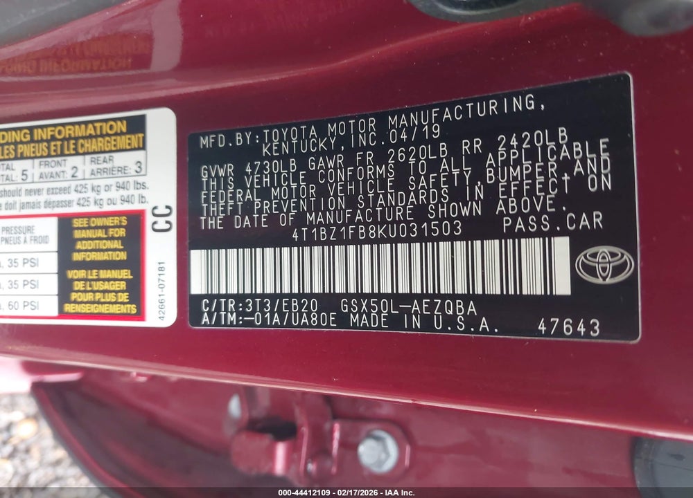 2019 TOYOTA AVALON XSE VIN: 4T1BZ1FB8KU031503
