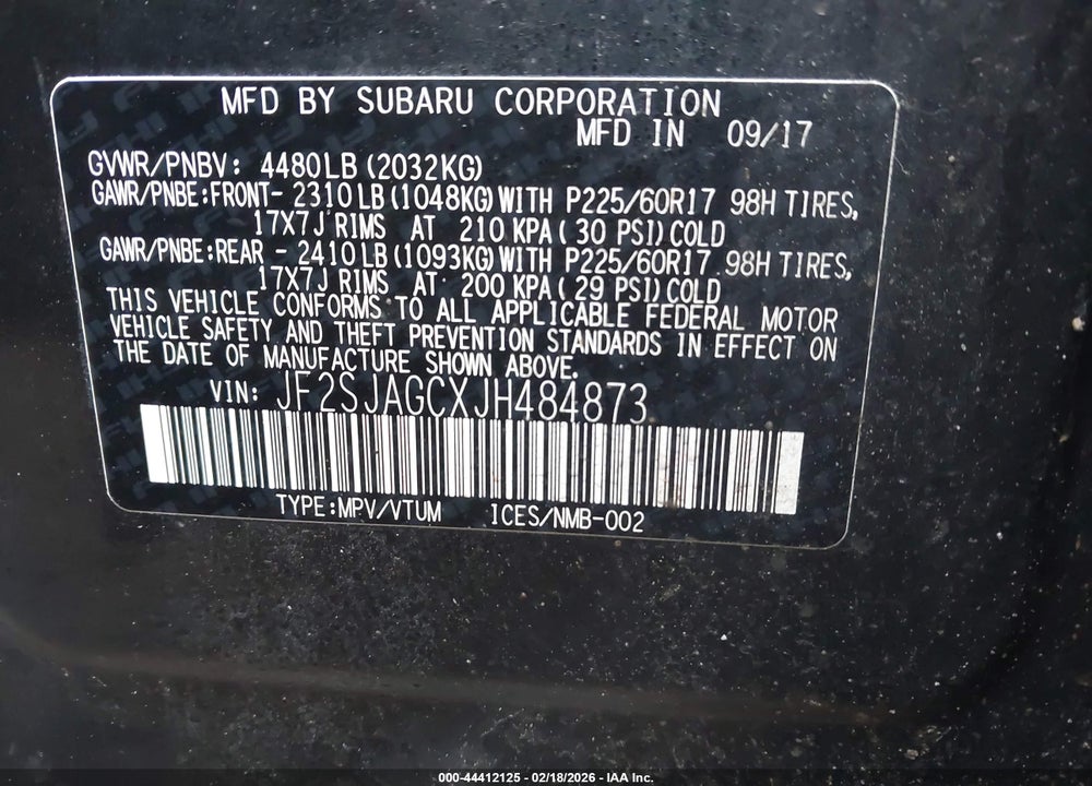 2018 SUBARU FORESTER 2.5I PREMIUM VIN: JF2SJAGCXJH484873