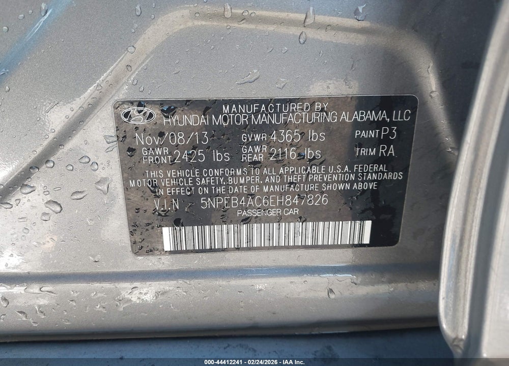 2014 HYUNDAI SONATA GLS VIN: 5NPEB4AC6EH847826