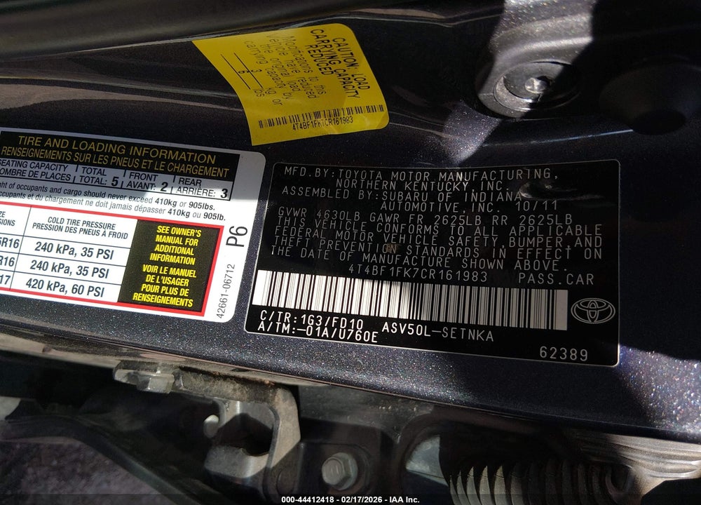 2012 TOYOTA CAMRY LE VIN: 4T4BF1FK7CR161983