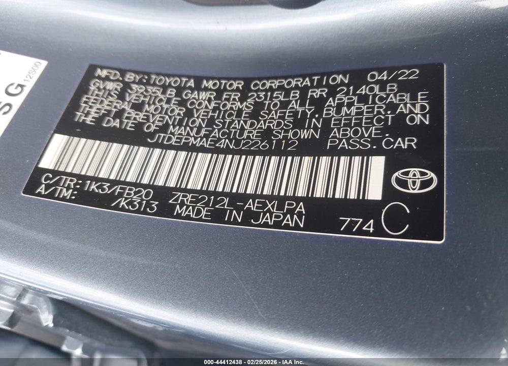 2022 TOYOTA COROLLA LE VIN: JTDEPMAE4NJ226112