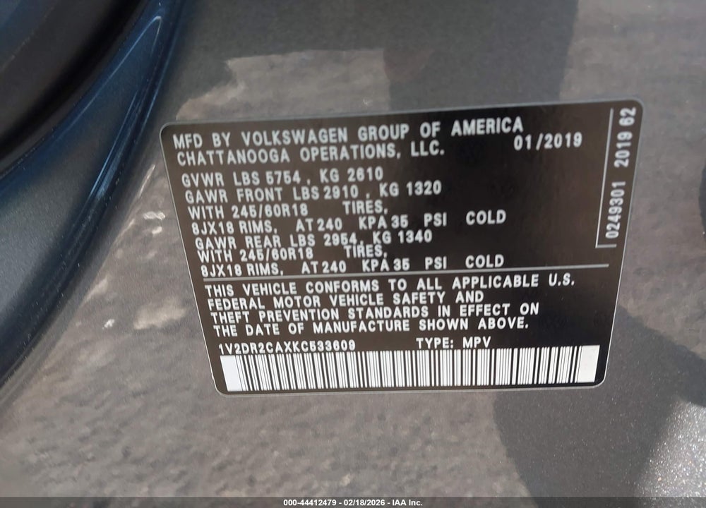 2019 VOLKSWAGEN ATLAS 3.6L V6 SE VIN: 1V2DR2CAXKC533609