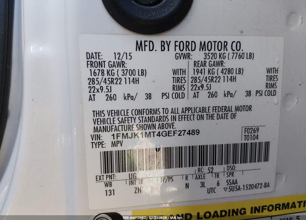 2016 FORD EXPEDITION EL PLATINUM VIN: 1FMJK1MT4GEF27489