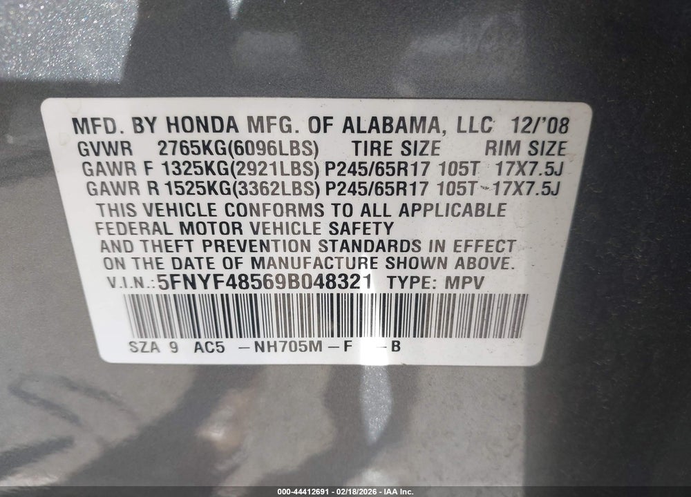 2009 HONDA PILOT EX-L VIN: 5FNYF48569B048321