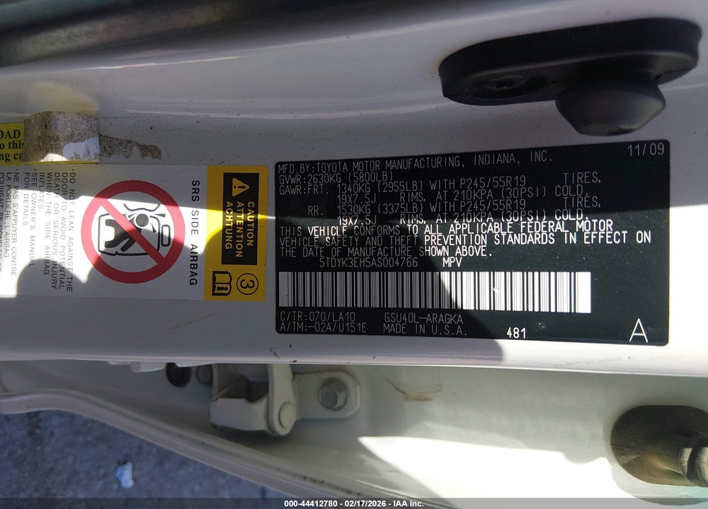 2010 TOYOTA HIGHLANDER LIMITED V6 VIN: 5TDYK3EH5AS004766