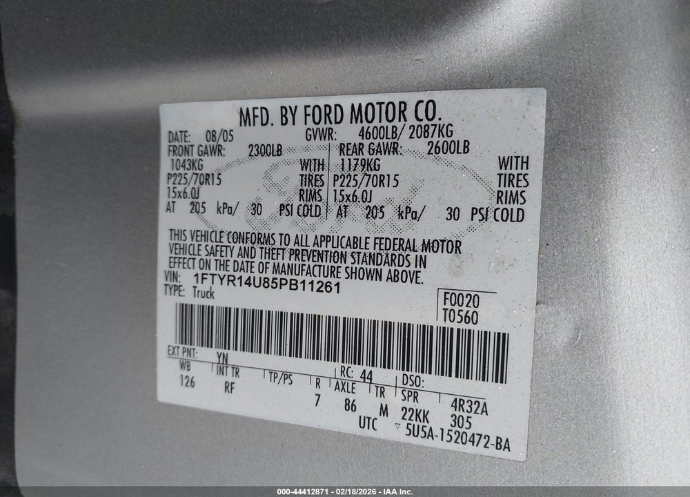 2005 FORD RANGER EDGE/STX/XL/XLT VIN: 1FTYR14U85PB11261