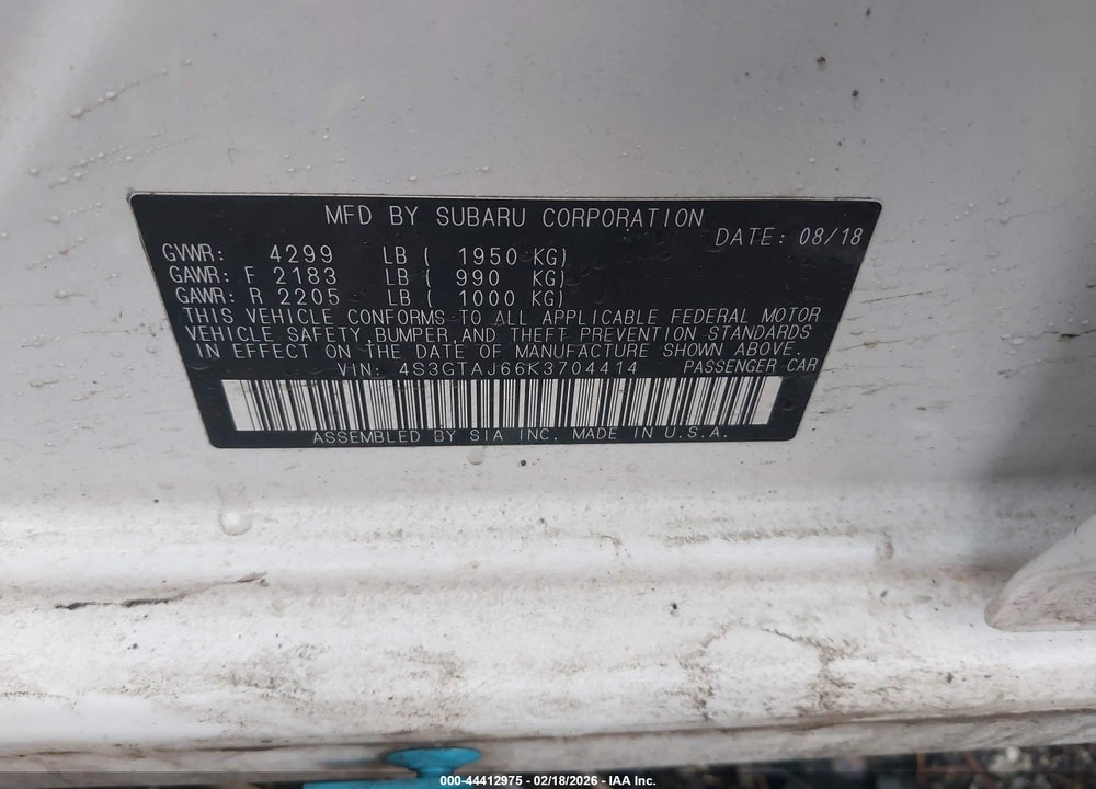 2019 SUBARU IMPREZA 2.0I SPORT VIN: 4S3GTAJ66K3704414