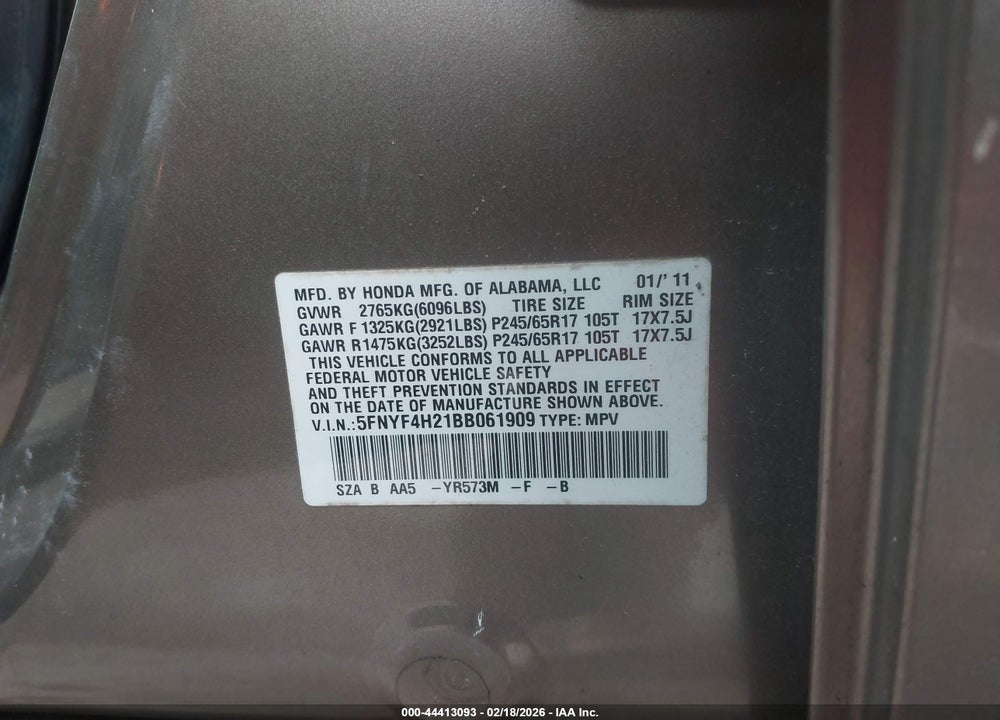 2011 HONDA PILOT LX VIN: 5FNYF4H21BB061909