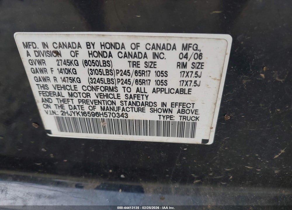 2006 HONDA RIDGELINE RTL VIN: 2HJYK16596H570343