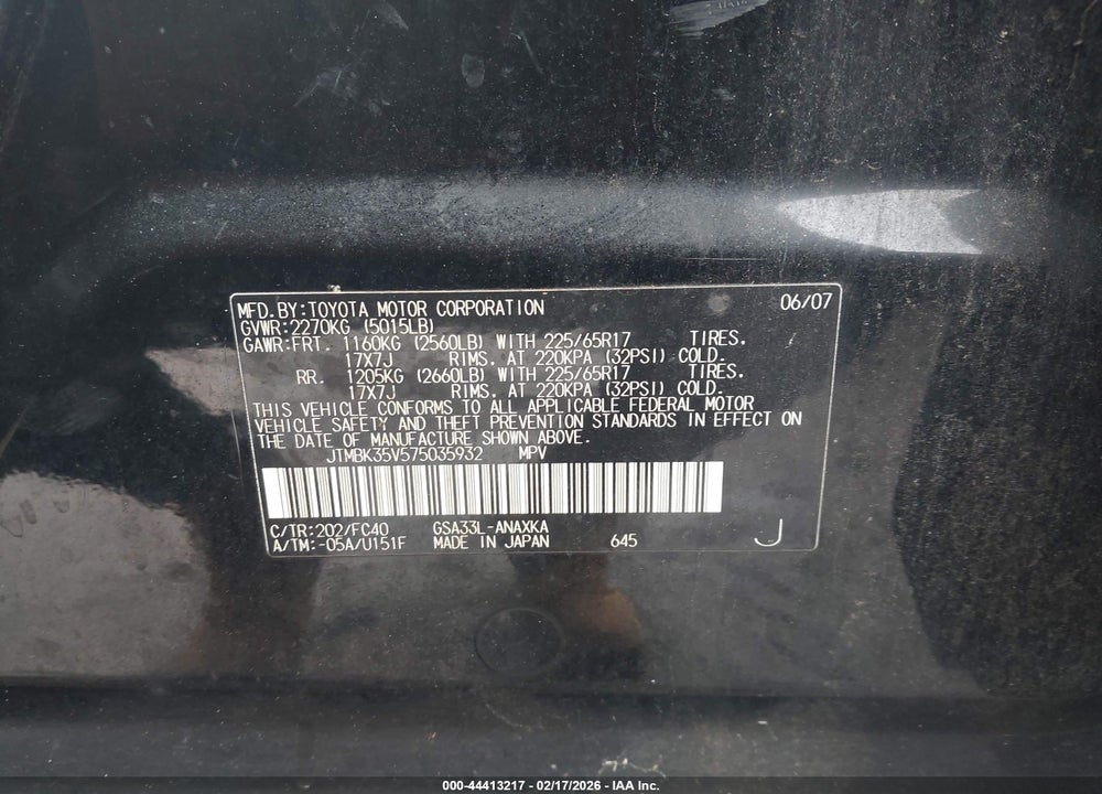2007 TOYOTA RAV4 BASE V6 VIN: JTMBK35V575035932