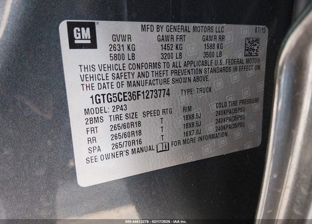 2015 GMC CANYON SLT VIN: 1GTG5CE36F1273774