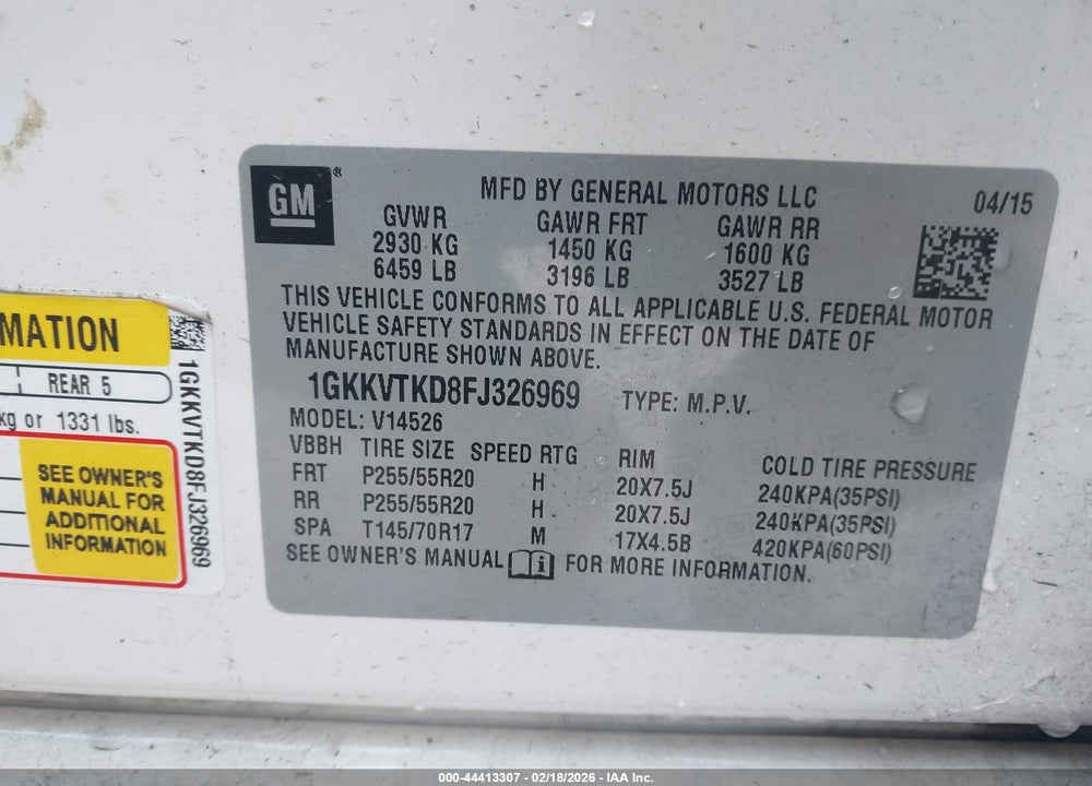 2015 GMC ACADIA DENALI VIN: 1GKKVTKD8FJ326969