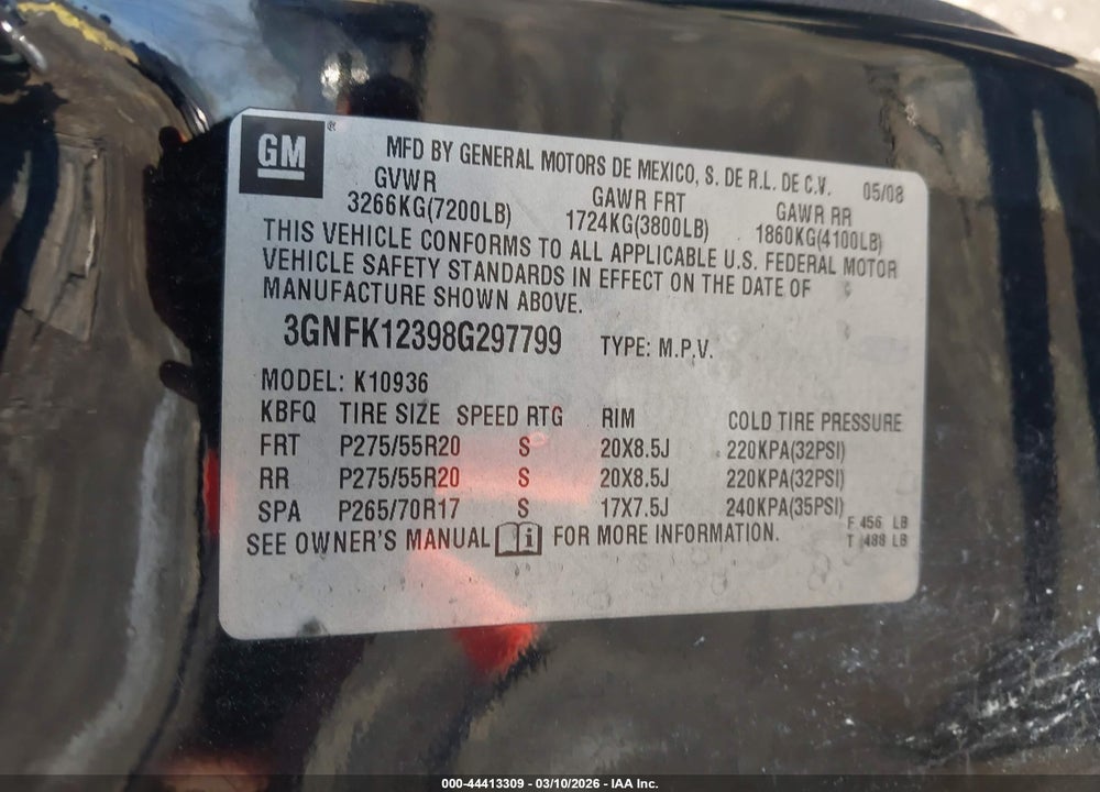 2008 CHEVROLET AVALANCHE 1500 LTZ VIN: 3GNFK12398G297799