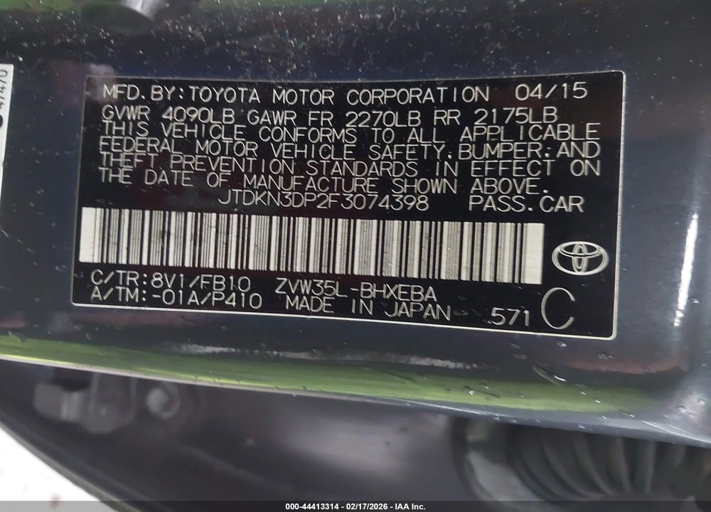 2015 TOYOTA PRIUS PLUG-IN VIN: JTDKN3DP2F3074398