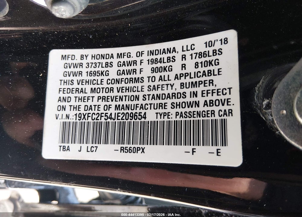 2018 HONDA CIVIC LX VIN: 19XFC2F54JE209654
