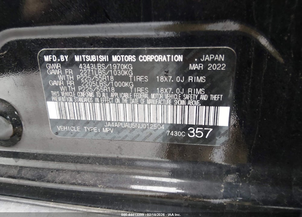 2022 MITSUBISHI OUTLANDER SPORT 2.0 BE 2WD/2.0 ES 2WD/2.0 LE 2WD/2.0 S 2WD VIN: JA4APUAU5NU012504