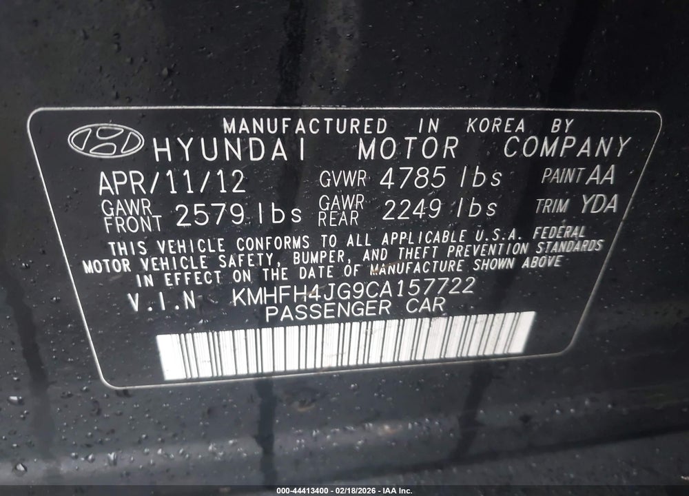 2012 HYUNDAI AZERA VIN: KMHFH4JG9CA157722