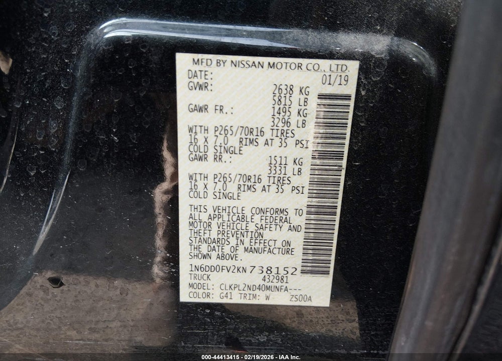 2019 NISSAN FRONTIER SV VIN: 1N6DD0FV2KN738152