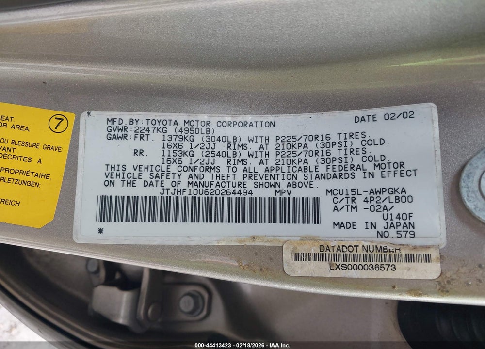 2002 LEXUS RX 300 VIN: JTJHF10U620264494