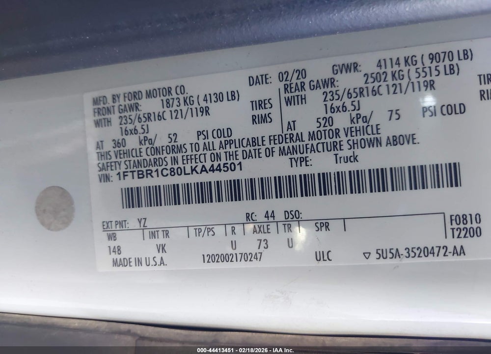 2020 FORD TRANSIT-250 VIN: 1FTBR1C80LKA44501