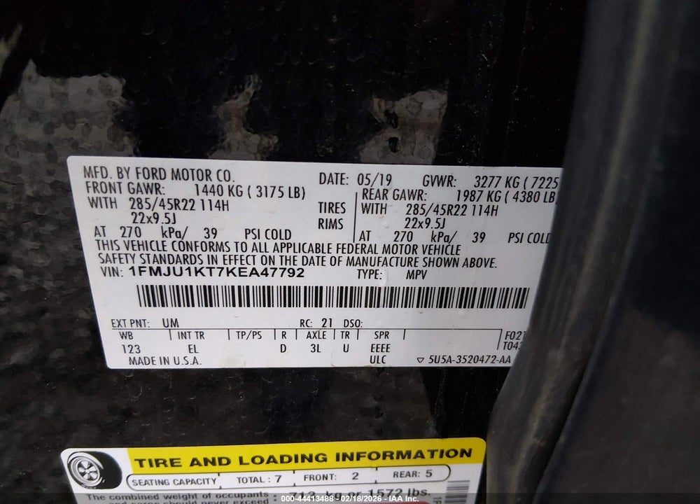 2019 FORD EXPEDITION LIMITED VIN: 1FMJU1KT7KEA47792