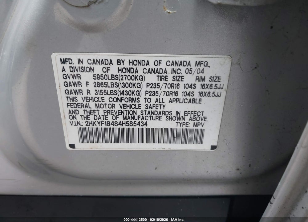 2004 HONDA PILOT EX VIN: 2HKYF18484H585434