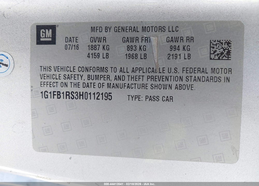 2017 CHEVROLET CAMARO 1LT VIN: 1G1FB1RS3H0112195