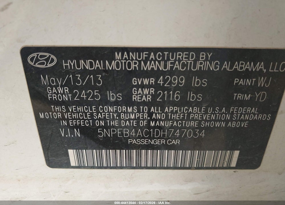 2013 HYUNDAI SONATA GLS VIN: 5NPEB4AC1DH747034