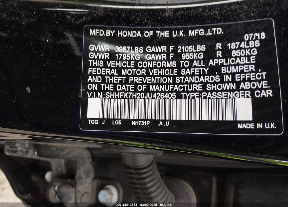 2018 HONDA CIVIC LX VIN: SHHFK7H20JU426405