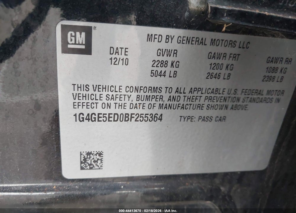 2011 BUICK LACROSSE CXS VIN: 1G4GE5ED0BF255364