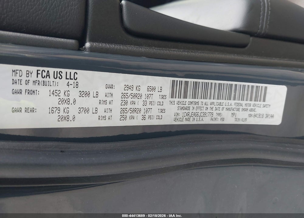 2018 JEEP GRAND CHEROKEE ALTITUDE 4X2 VIN: 1C4RJEAG6JC391779