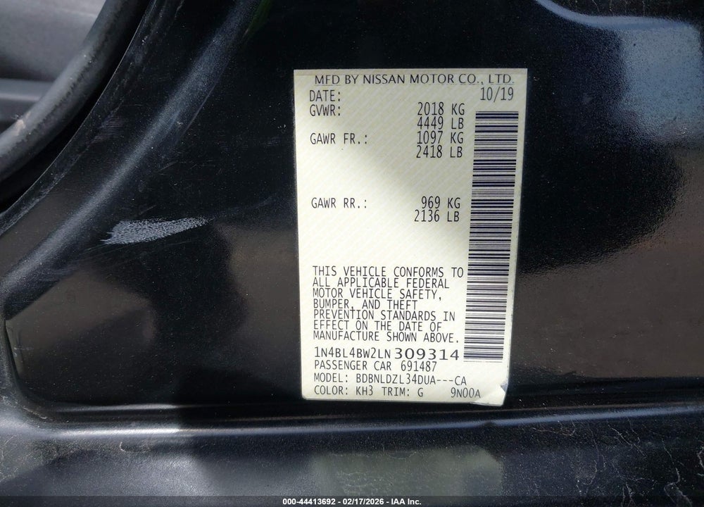 2020 NISSAN ALTIMA S INTELLIGENT AWD VIN: 1N4BL4BW2LN309314