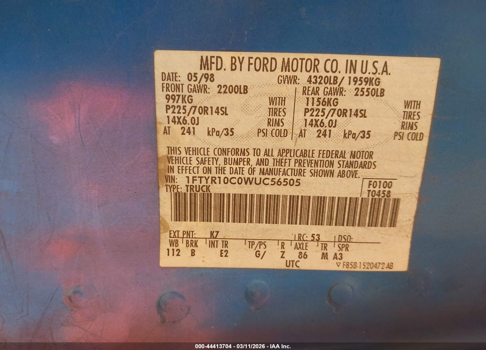 1998 FORD RANGER SPLASH/XL/XLT VIN: 1FTYR10C0WUC56505