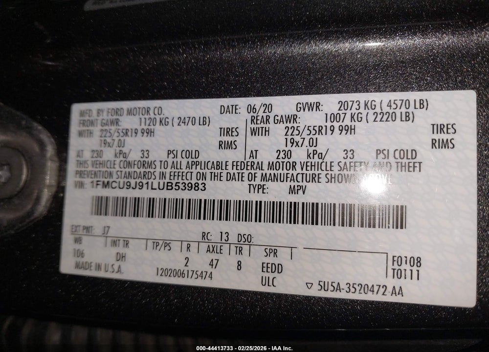 2020 FORD ESCAPE TITANIUM VIN: 1FMCU9J91LUB53983
