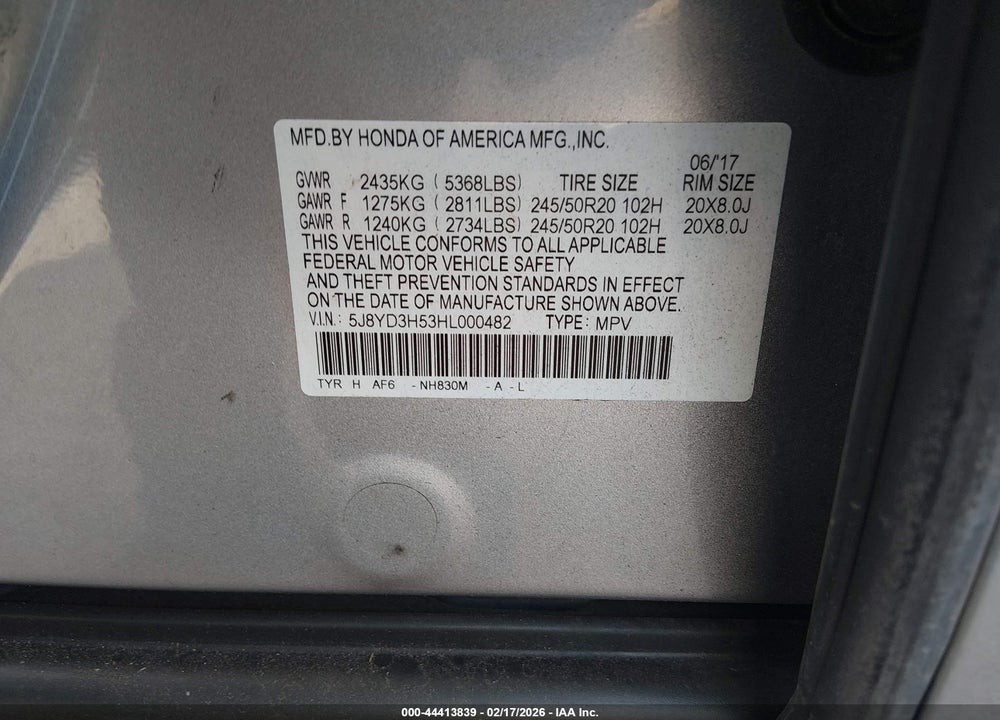2017 ACURA MDX TECHNOLOGY PACKAGE VIN: 5J8YD3H53HL000482
