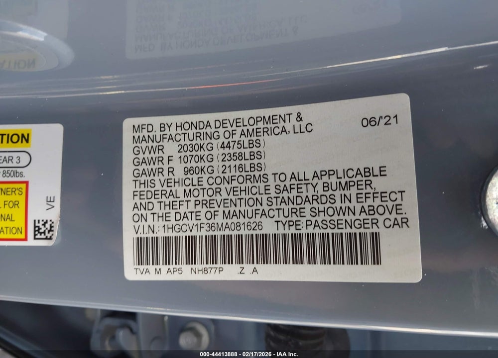 2021 HONDA ACCORD SPORT VIN: 1HGCV1F36MA081626