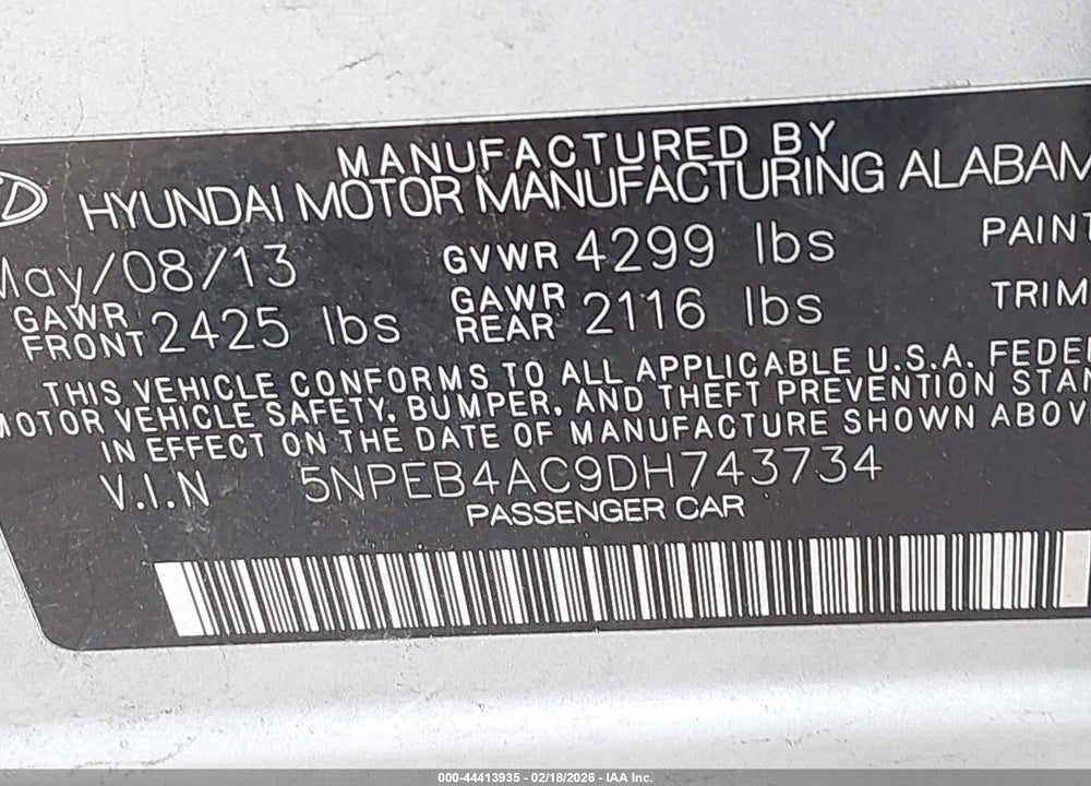 2013 HYUNDAI SONATA GLS VIN: 5NPEB4AC9DH743734