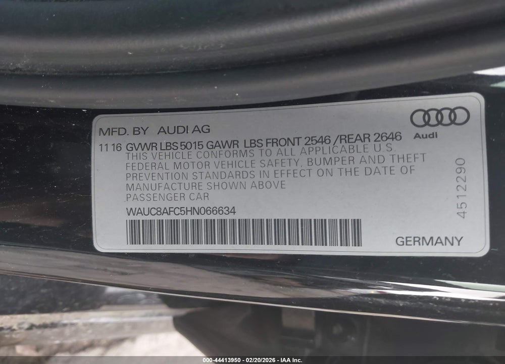 2017 AUDI A6 2.0T PREMIUM VIN: WAUC8AFC5HN066634