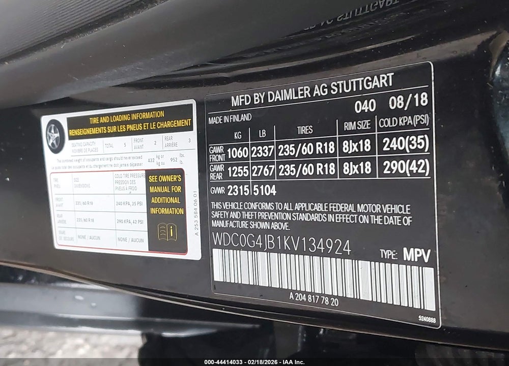 2019 MERCEDES-BENZ GLC 300 VIN: WDC0G4JB1KV134924