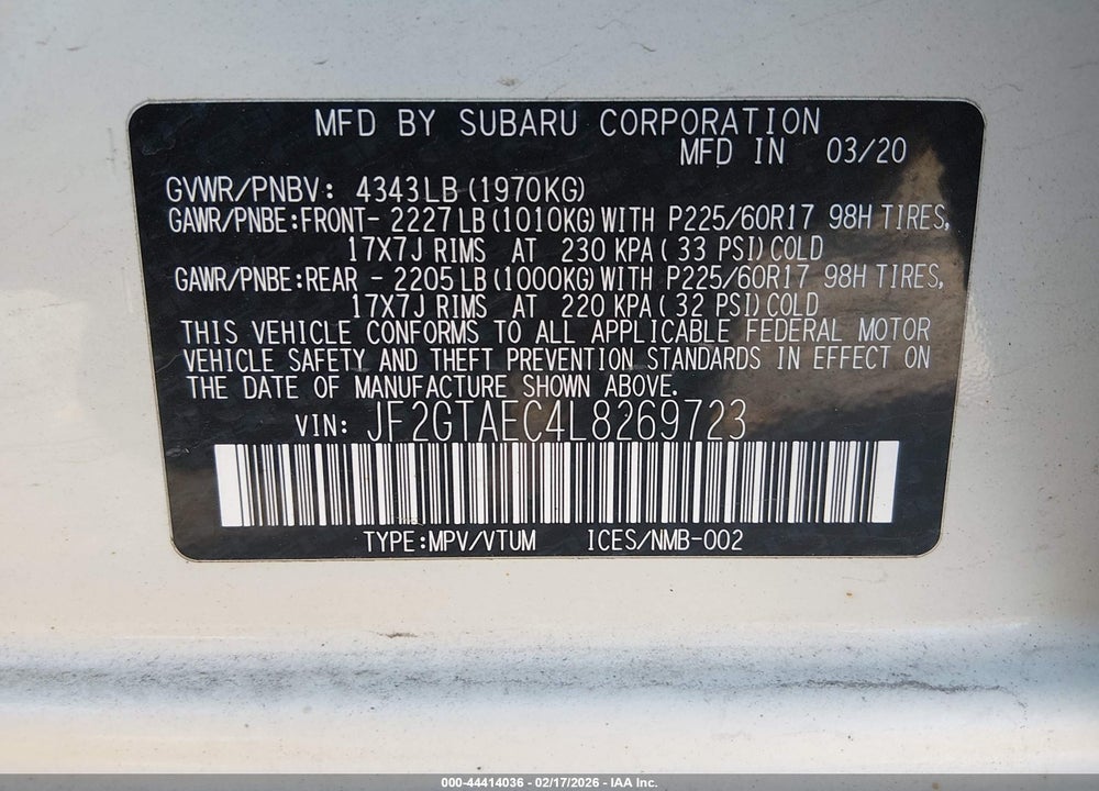 2020 SUBARU CROSSTREK PREMIUM VIN: JF2GTAEC4L8269723