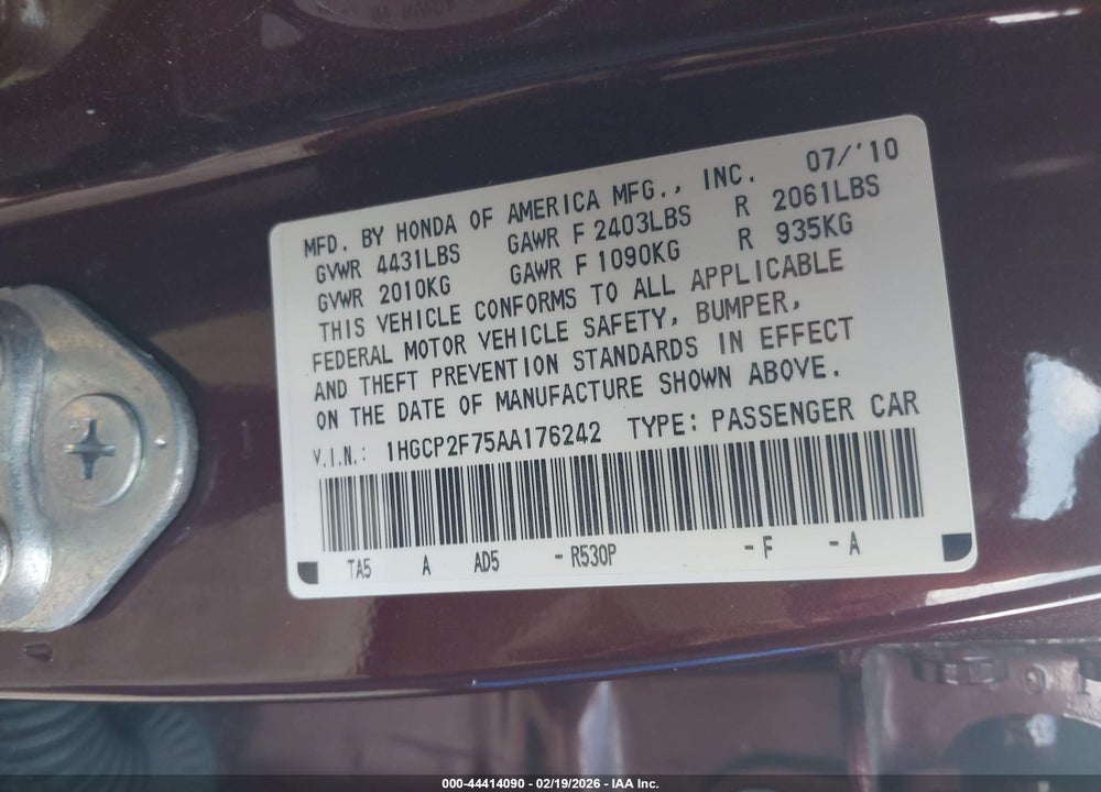 2010 HONDA ACCORD 2.4 EX VIN: 1HGCP2F75AA176242