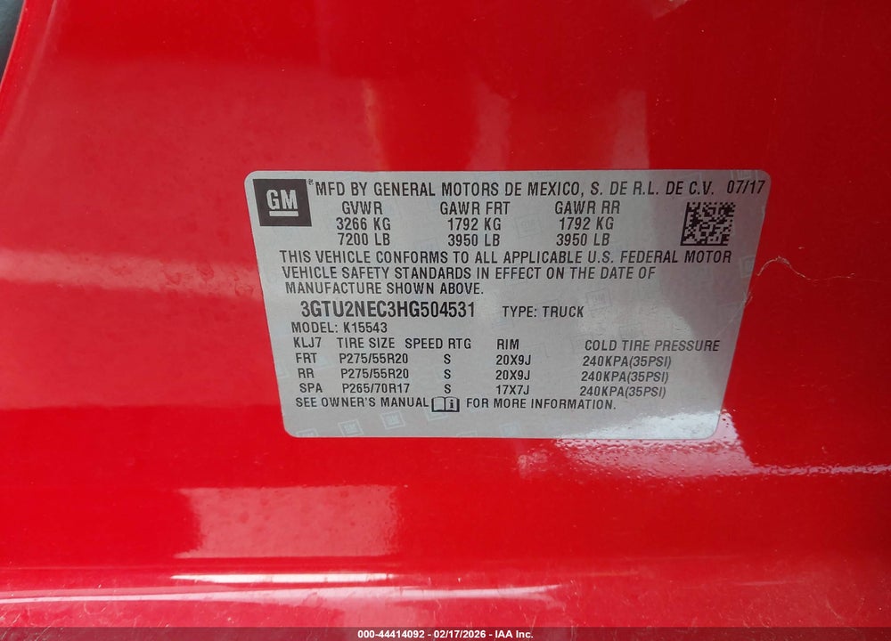 2017 GMC SIERRA VIN: 3GTU2NEC3HG504531