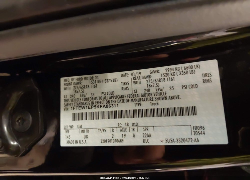 2019 FORD F-150 XLT VIN: 1FTEW1EP5KFA86311