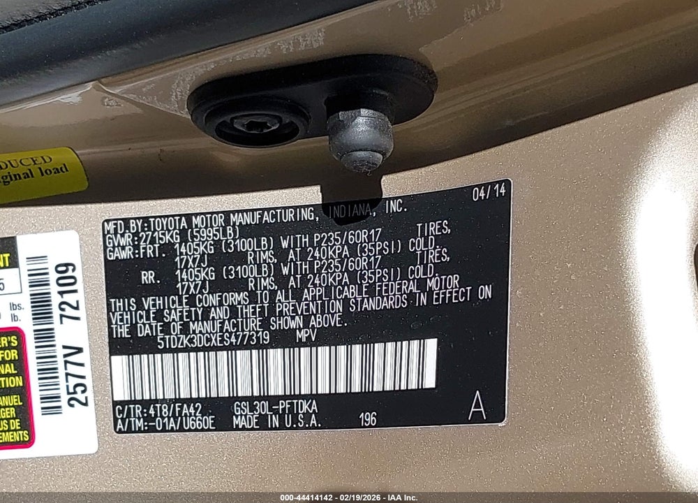 2014 TOYOTA SIENNA L V6 7 PASSENGER VIN: 5TDZK3DCXES477319