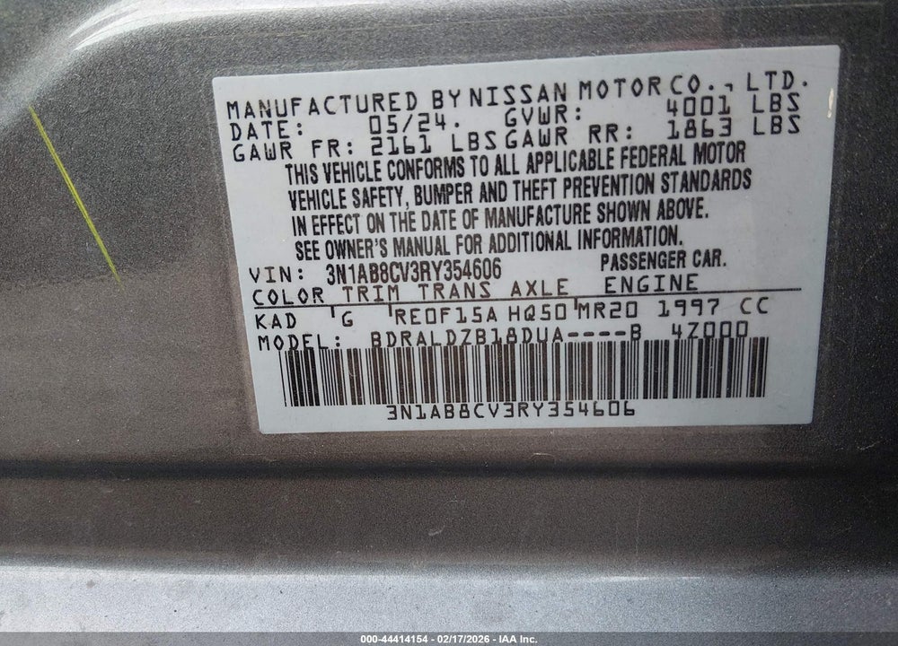 2024 NISSAN SENTRA SV XTRONIC CVT VIN: 3N1AB8CV3RY354606