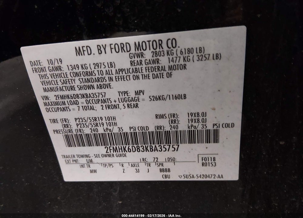 2019 FORD FLEX LIMITED VIN: 2FMHK6D83KBA35757