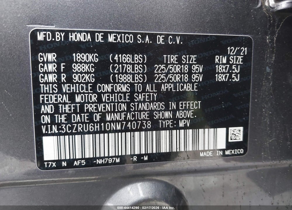 2022 HONDA HR-V SPORT VIN: 3CZRU6H10NM740738