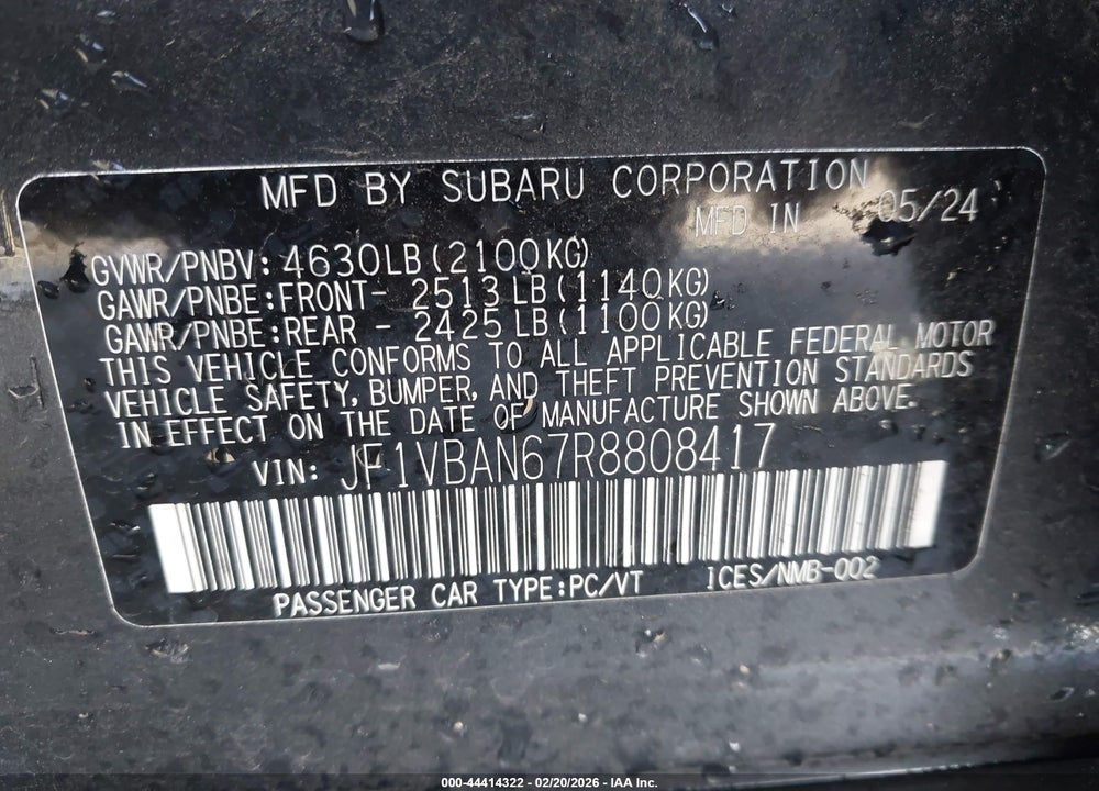 2024 SUBARU WRX LIMITED VIN: JF1VBAN67R8808417