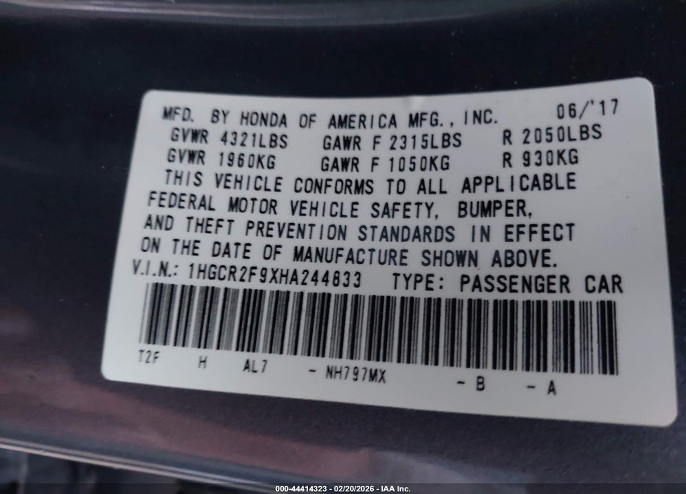 2017 HONDA ACCORD EX-L VIN: 1HGCR2F9XHA244833